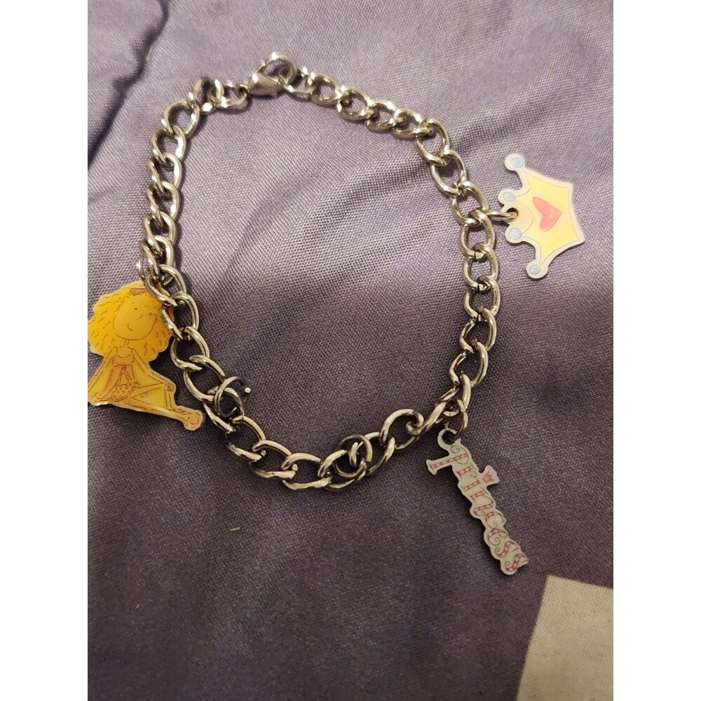 Vintage 1990s Princess Charm 7" Bracelet Gold Tone Acrylic Cartoon Charms
